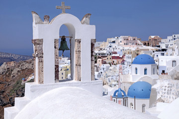 bell tower and orthodox church,  Oia, Santorini island, Greece