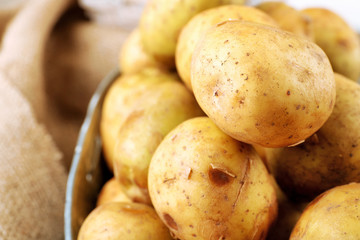 Young potatoes in baskets close up