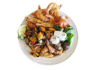 Raw Mixed seafood shrimps, octopus and mussels on dish