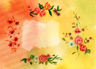 Bright watercolor background texture with roses and other flowers