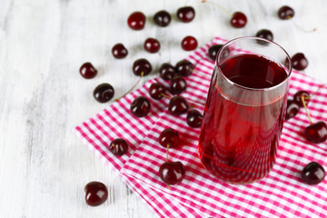 Glass of cherry juice on wooden table, closeup