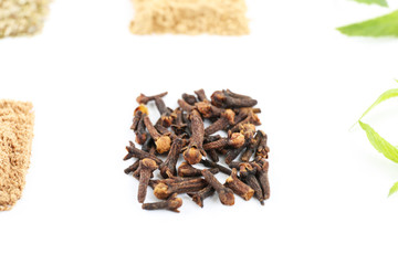 Various kinds of herbal tea and herbs isolated on white