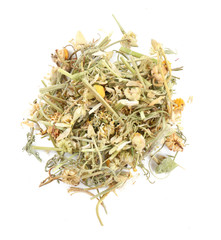 Pile of chamomile tea isolated on white