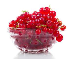 Fresh red currants in glass bowl isolated on white