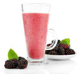 Fototapeta na wymiar Glass of blackberry smoothie isolated on white
