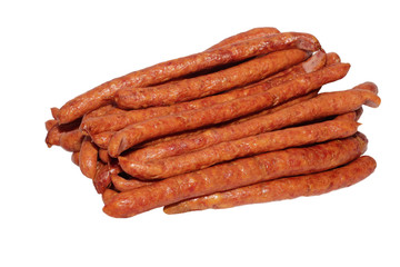 Thin smoked sausage on white background