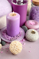 Obraz na płótnie Canvas Spa treatments isolated on colorful background. Lavender spa concept