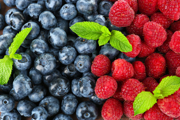Blueberries and raspberries close-up