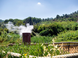 Fototapeta na wymiar Geothermal smoke pipes fumes in Sasso Pisano, Tuscany