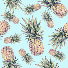 Pineapples on a light blue background. Watercolor colourful illustration. Tropical fruit. Seamless pattern