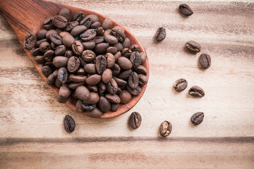 Coffee beans on wooden spoon