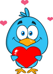 Cute Blue Bird Cartoon Character Holding A Love Heart