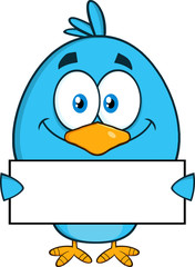 Smiling Blue Bird Cartoon Character Holding A Blank Sign