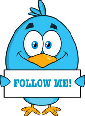 Blue Bird Cartoon Character Holding A Blank Sign With Text
