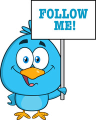 Cute Blue Bird Character Holding Up A Blank Sign With Text