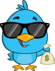 Blue Bird With Sunglasses Character Holding A Bag Of Money