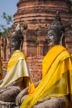 Aligned Buddha Statues with Orange Bands in Ayutthaya, Thailand