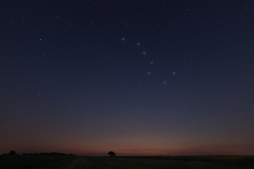 Beautiful Star at sunset Field with Constellations Ursa major, Leo minor, Leo, Draco Botes, Canes...