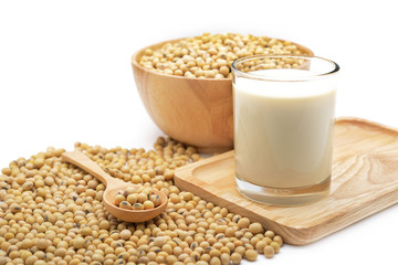 Isolated soy beans and soy milk in a glass on wooden tray