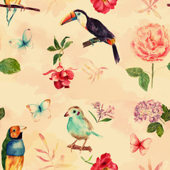 Vintage collage seamless pattern with roses, butterflies and birds