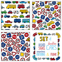 Fototapeta na wymiar Vector set of doodles road signs and cars.