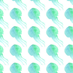 Seamless watercolour jellyfish pattern.