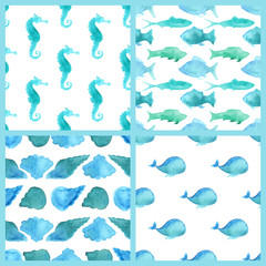 Set of watercolor marine boundless patterns.