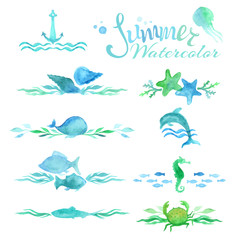 Naklejka premium Vector set of watercolor ocean page decorations and dividers.