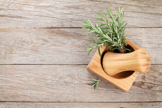 Fresh garden rosemary in mortar