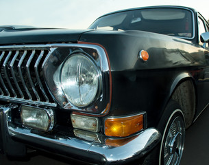 Black retro car close up view
