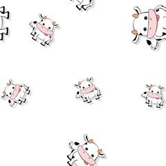 Seamless cartoon cow pattern with drop shadow on white