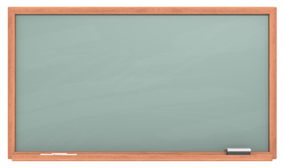 Green Chalkboard. Blank chalkboard with wooden frame. Chalk dust surface. Copy Space.