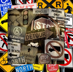 aged and worn vintage photo of a collection of road signs