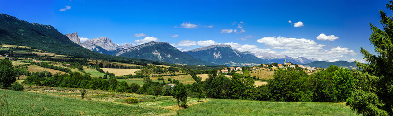 Naklejka na ściany i meble Beautiful wide angle panoramic view, original nature, Alps