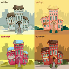 Vintage card with sweet cartoon houses and plants in seasons. City house facades. Vector illustration.