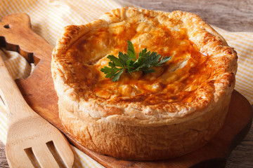 Rustic delicious chicken pie close-up. horizontal
