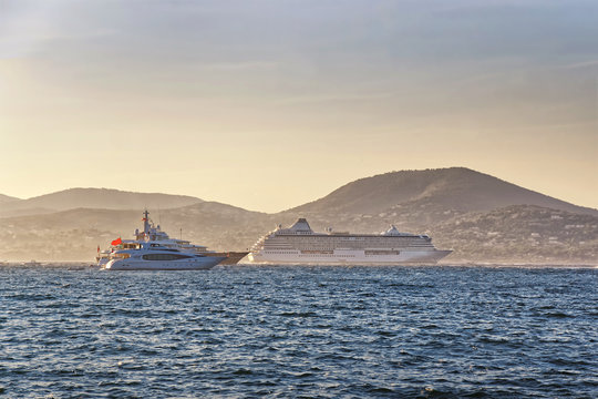 Cruise liner and luxury yachts in Saint Tropez harbor