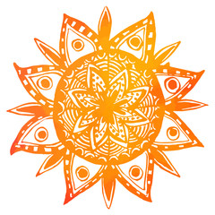 Hand drawn orange watercolor tribal sun. Vector indian mandala
