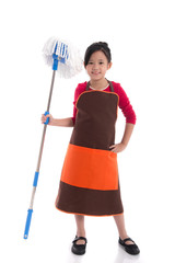 Portrait of beautiful asian girl cleaning with mop