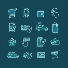 Shopping and ecommerce. Web store. Shopping cart, assistance, payment, buy now, money, protected, delivery, shopping basket, shopping bag - lines web icons set.