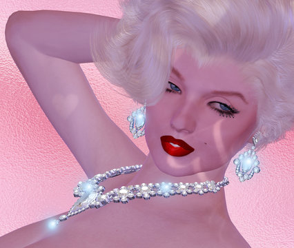 Blonde bombshell on pink glitter and diamond background.