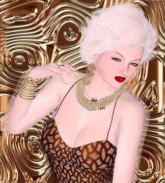 Blonde bombshell on brown glitter and bronze swirl background.