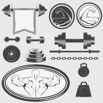 Set of vintage gym equipment and design elements