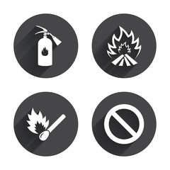 Fire flame icons. Prohibition stop symbol.
