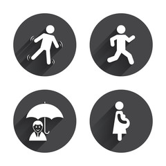 Businessman with umbrella. Human running symbol.