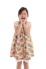 Beautiful asian girl crying on white background