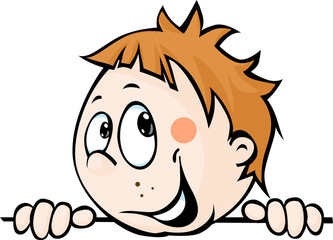 cute child boy peeking out from behind white surface - vector illustration