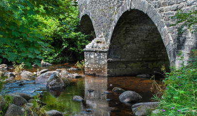 River Dart & Ancient Stone Bridge, Dartmoor National Park, Devon, UK.