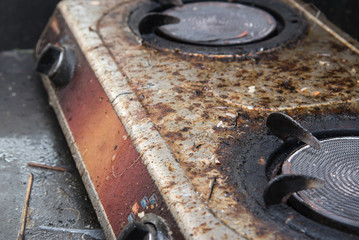 Close up of very dirty gas burner