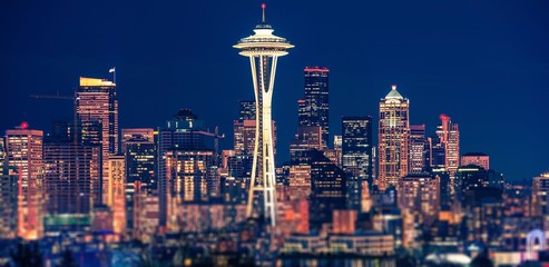 Seattle Night Panoramic - obrazy, fototapety, plakaty